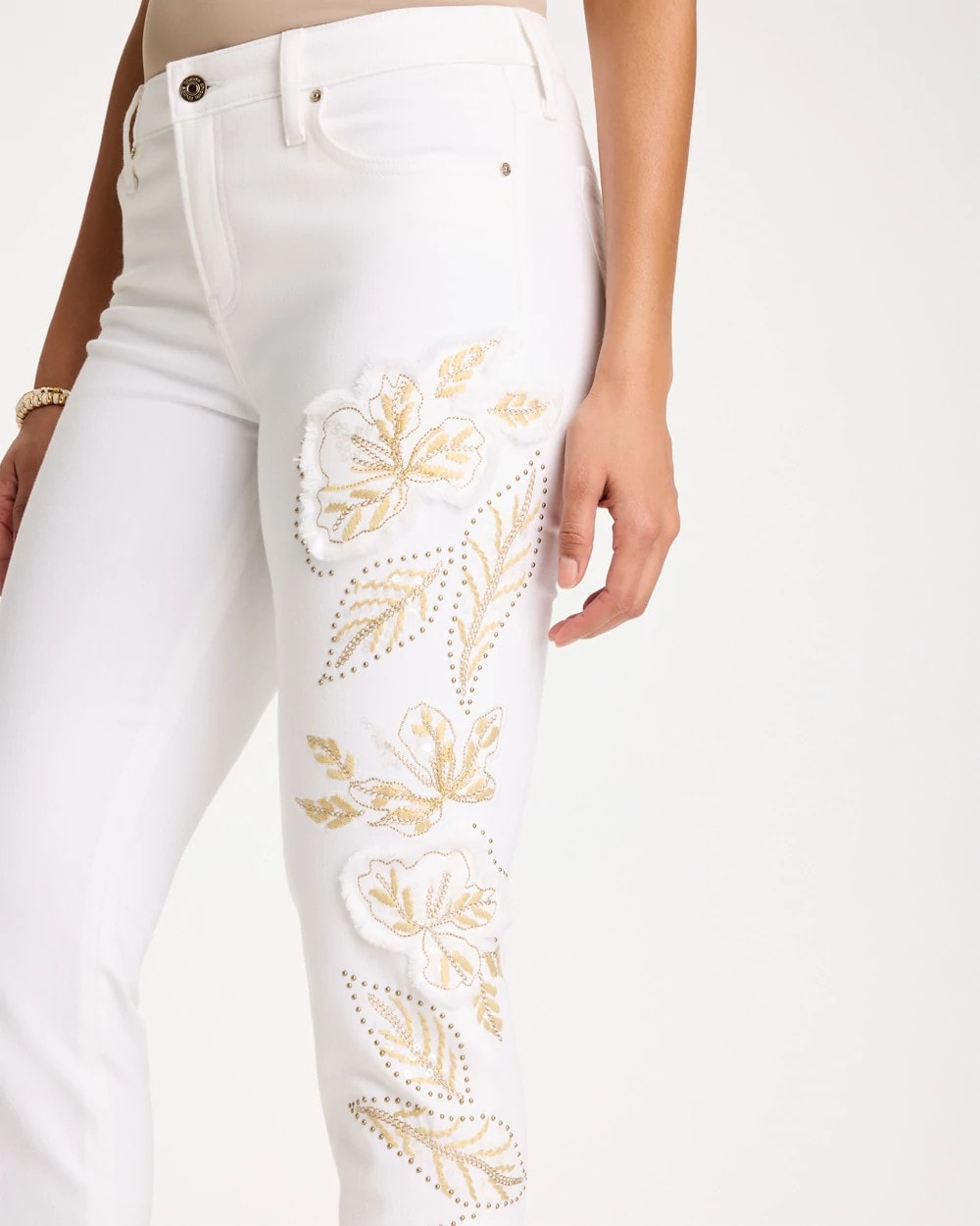 Alabaster No Stain Girlfriend Floral Embellished Slim Ankle Jeans