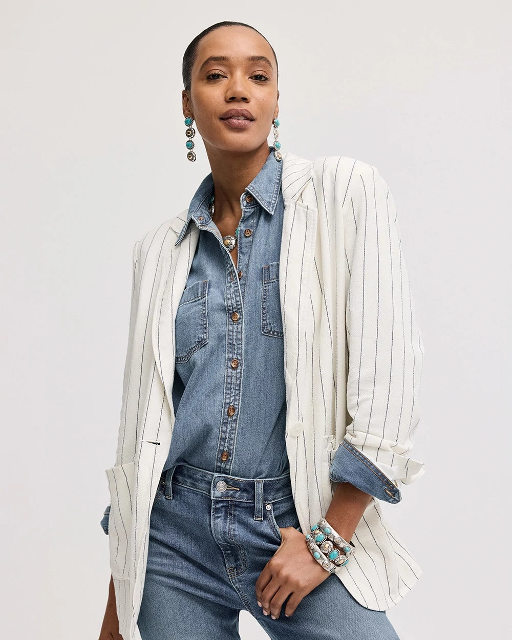 Ecru Linen-Blend Striped Boyfriend Blazer