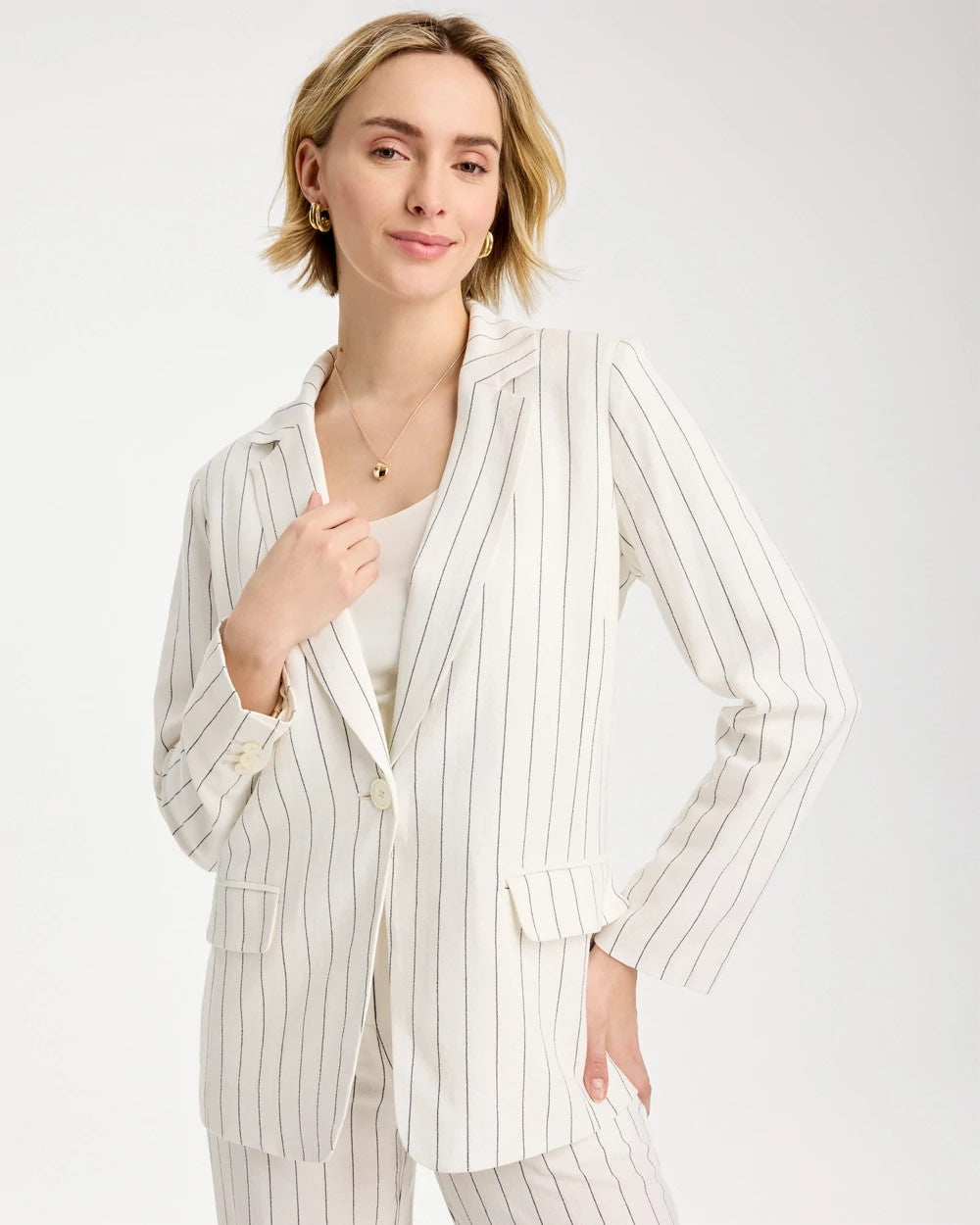 Ecru Linen-Blend Striped Boyfriend Blazer