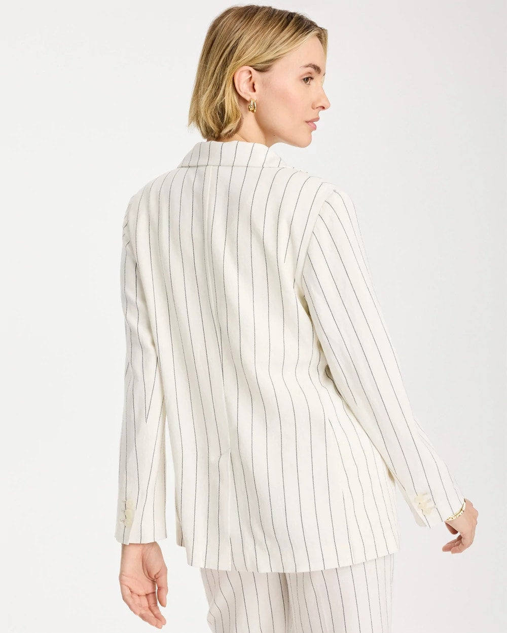 Ecru Linen-Blend Striped Boyfriend Blazer