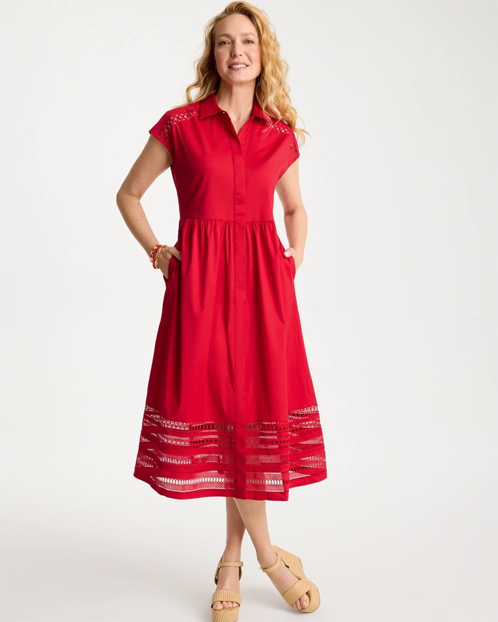 Cherry Lush Lace Trim Midi Shirtdress
