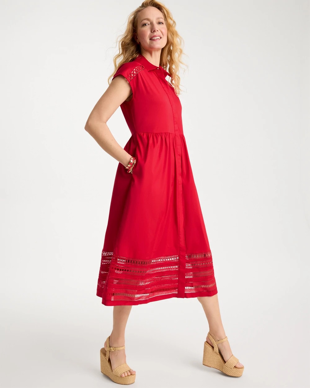 Cherry Lush Lace Trim Midi Shirtdress
