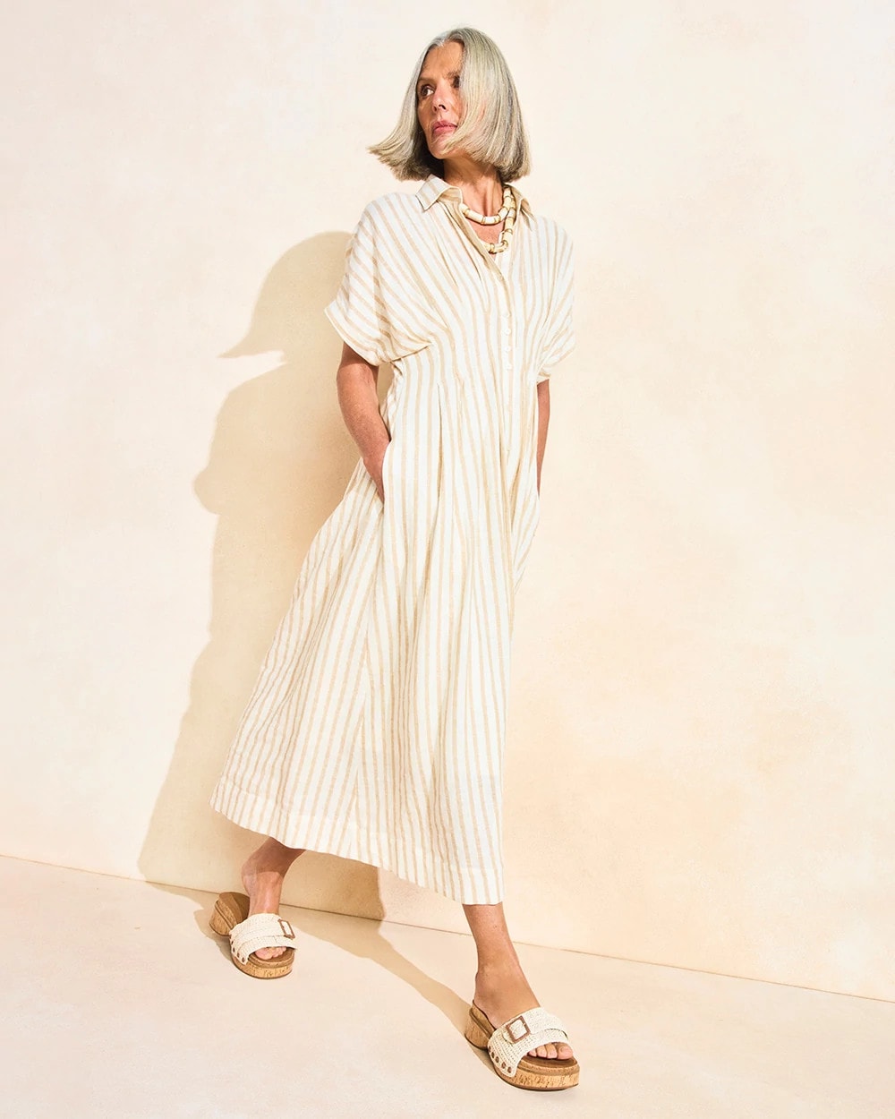 Alabaster Linen-Blend Metallic Striped Dress