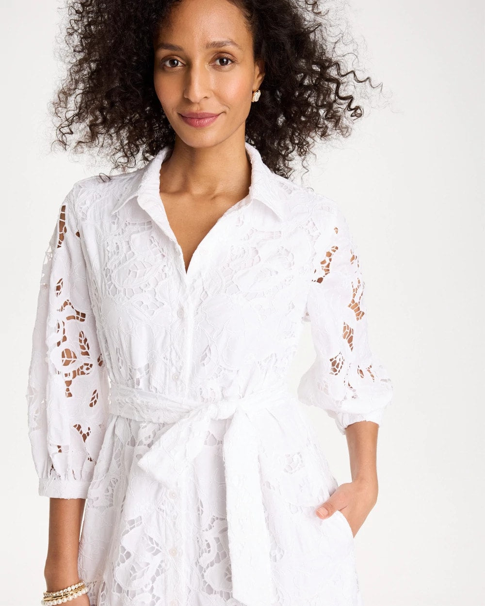 Alabaster Lace Cutout Belted Shirtdress