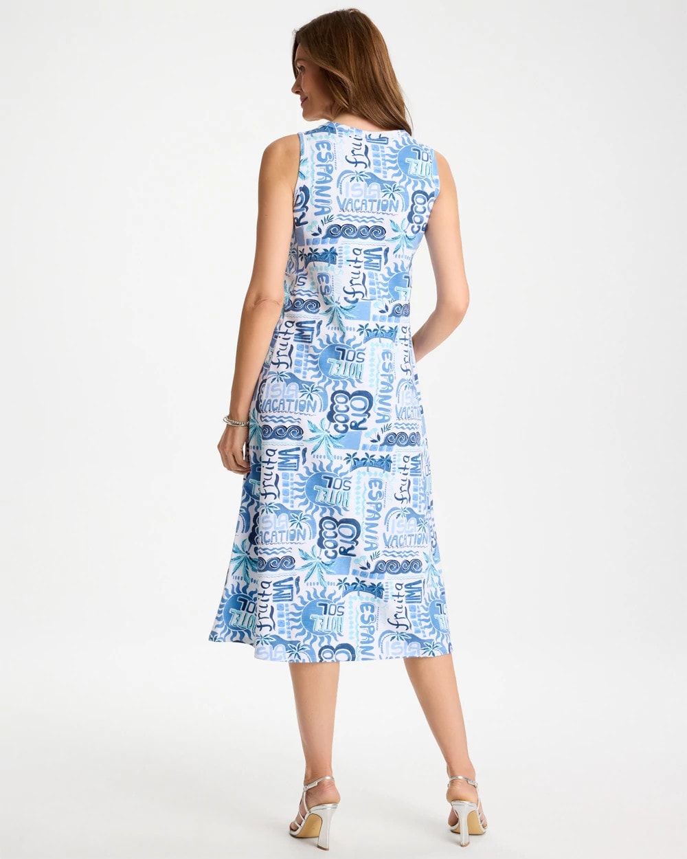 Passport Blue Soft-Stretch Sleeveless Tropical Dress