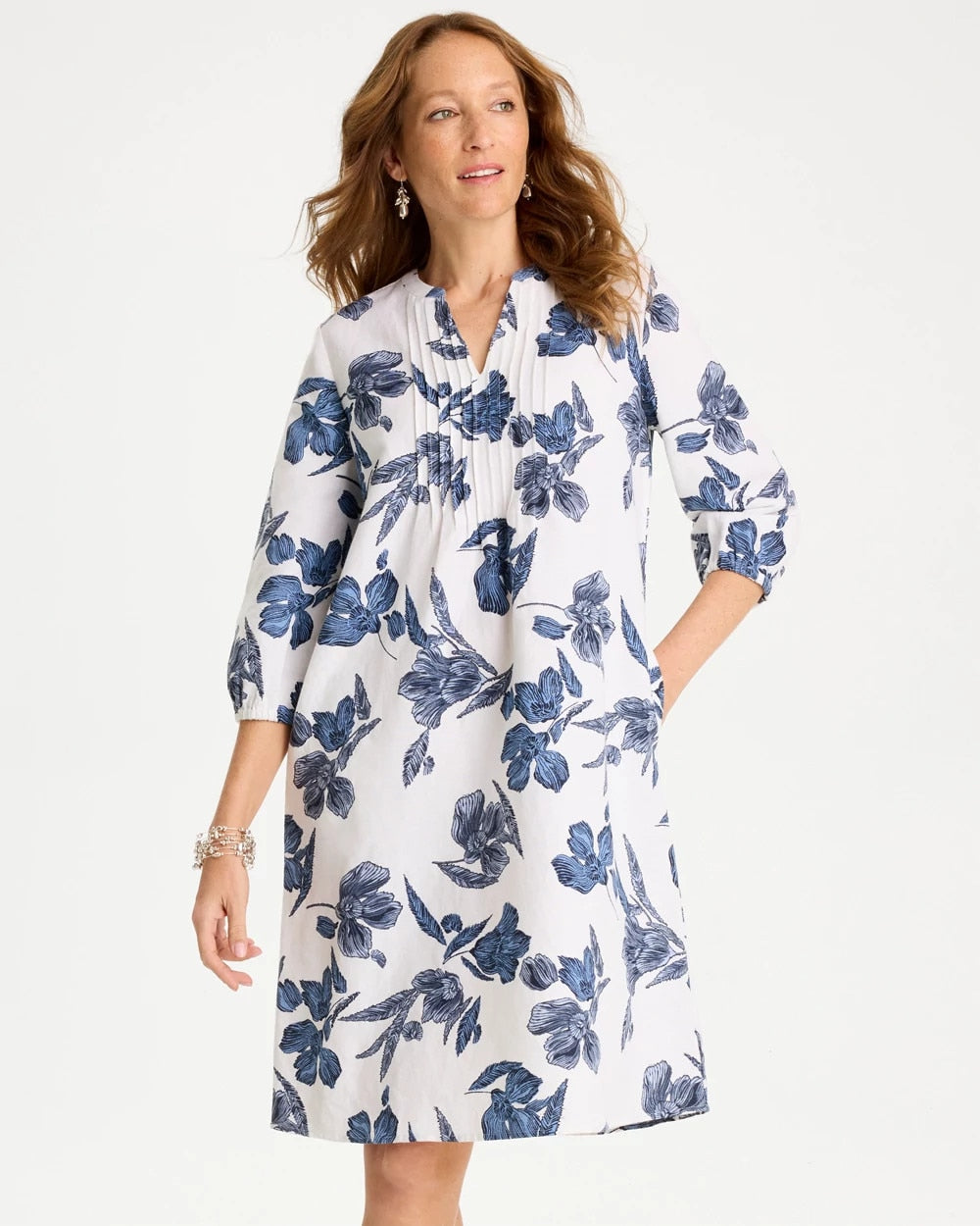 Alabaster Floral Linen-Cotton Pintuck Dress