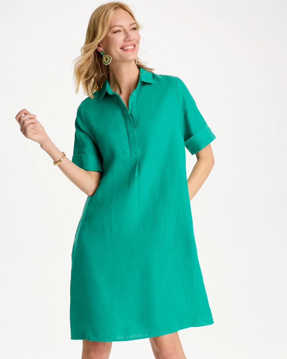 Topanga Green Linen Popover Dress