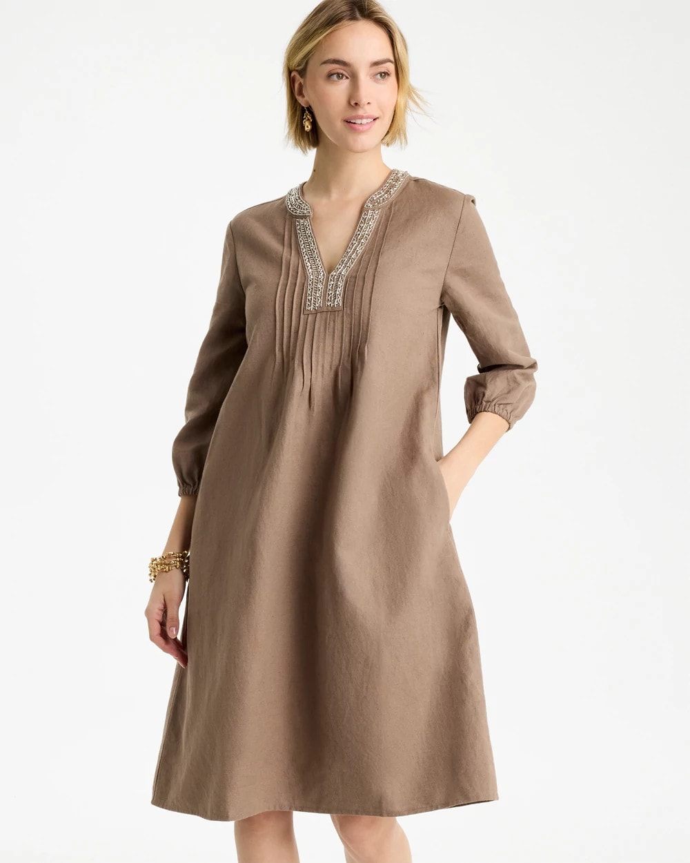 Topaz Smoke Linen-Cotton Pintuck Dress