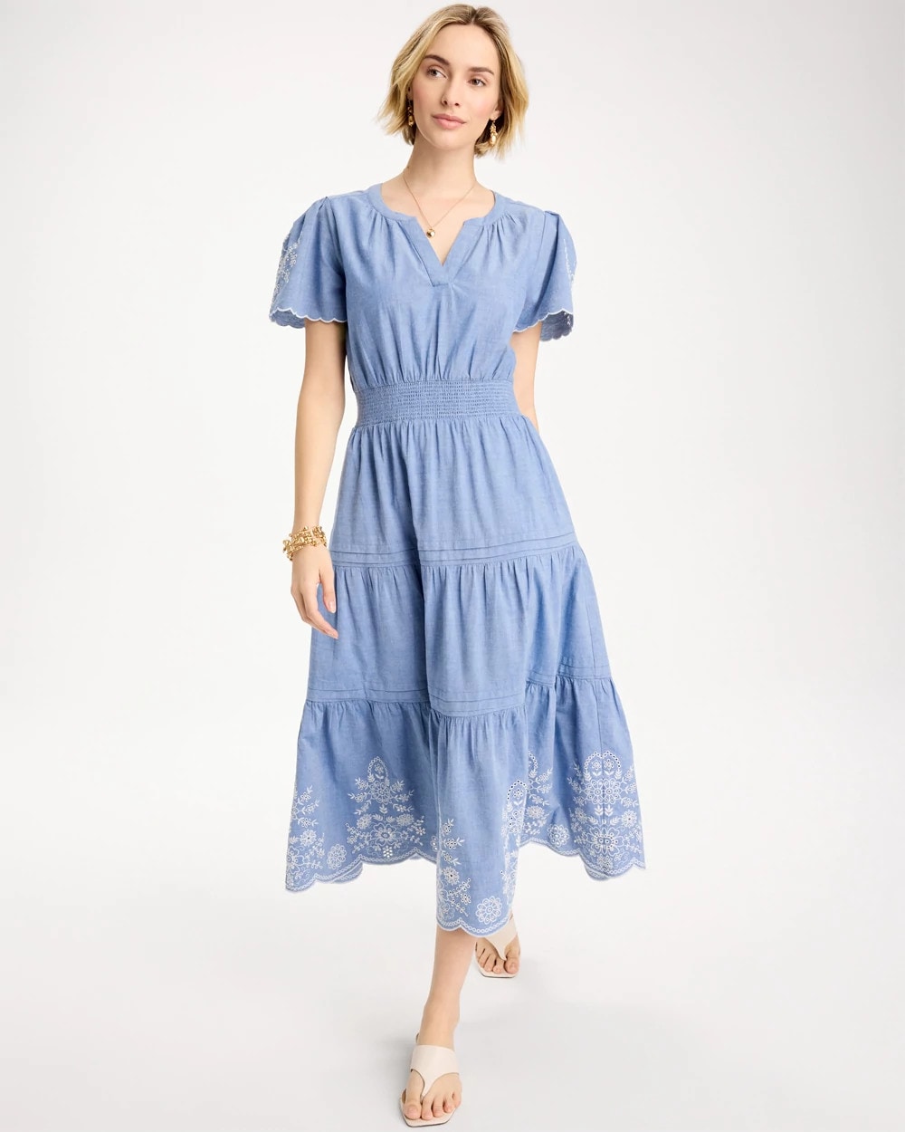 Light Indigo Chambray Embroidered Dress