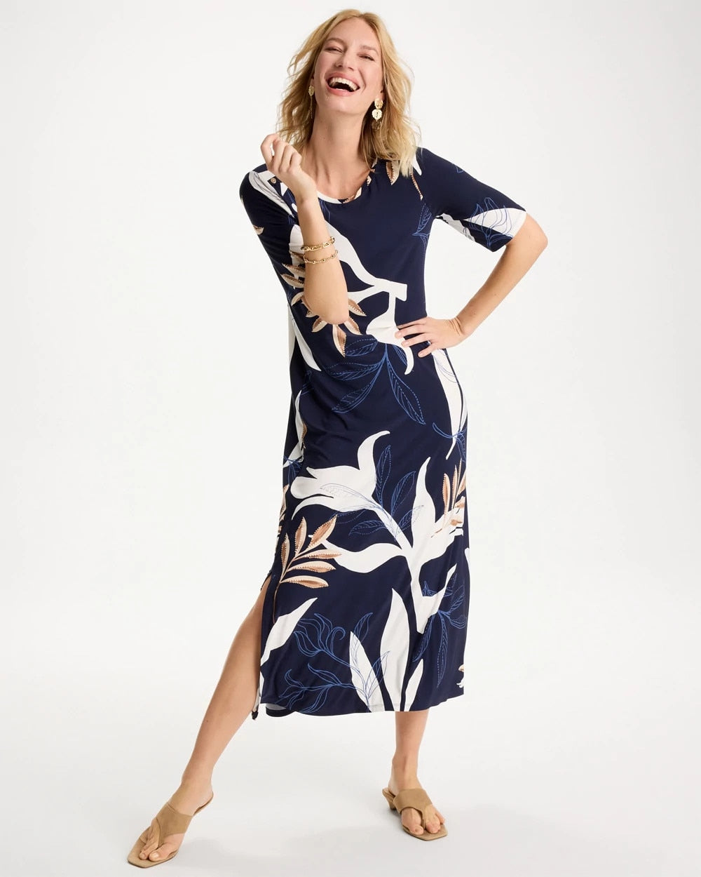 Passport Blue Printed Jersey Knit Column Dress