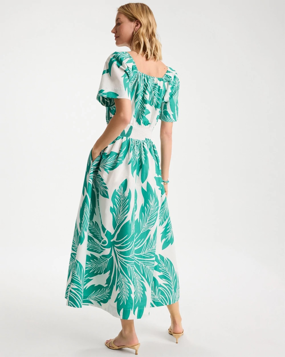 Topanga Green Poplin Cotton Off-Shoulder Printed Dress