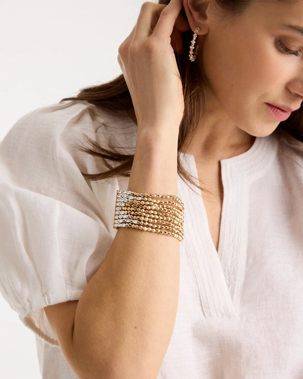 Mixed Metals Multi-Strand Beaded Stretch Bracelet