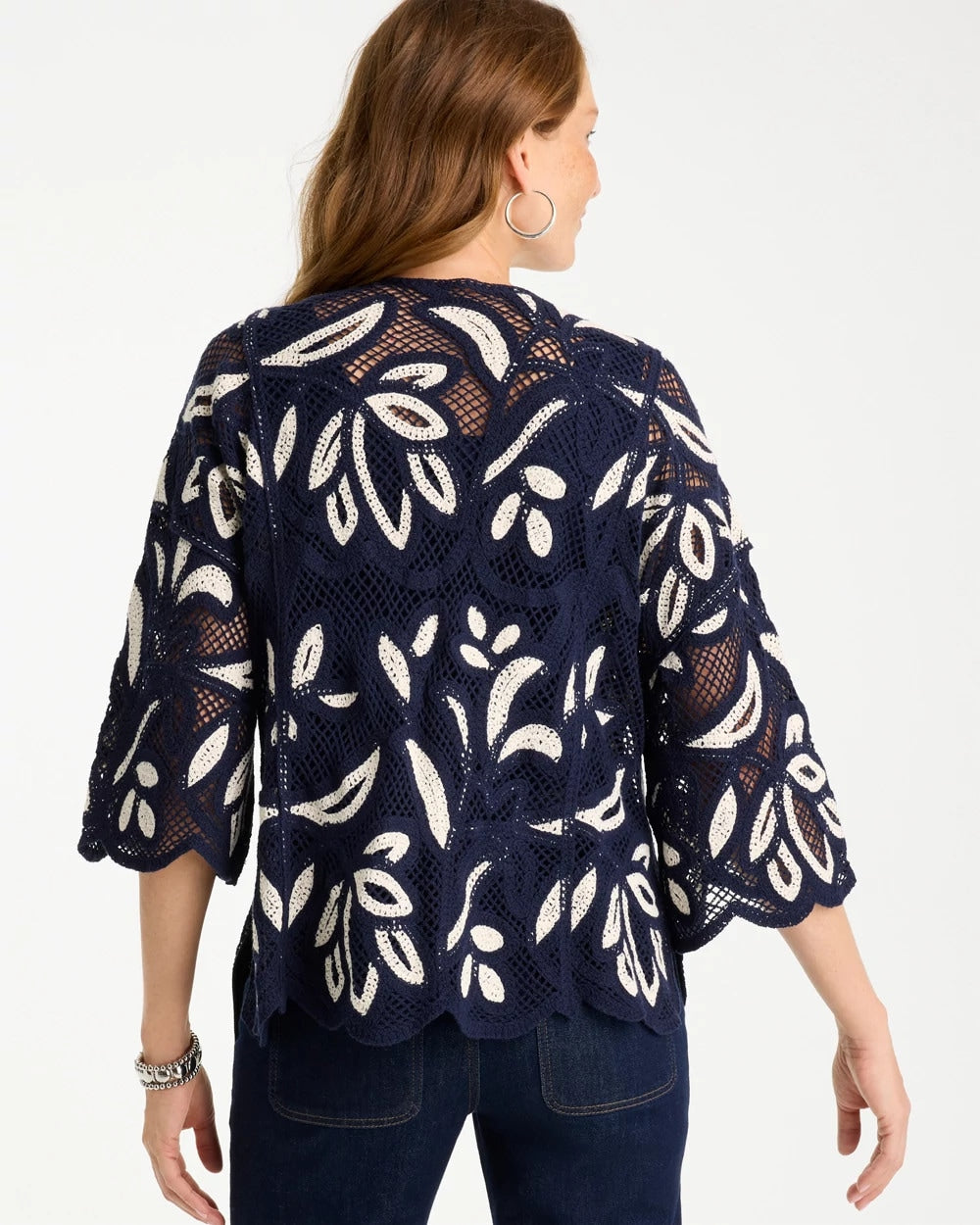 Passport Blue Woven Crochet Lace Contrast Kimono