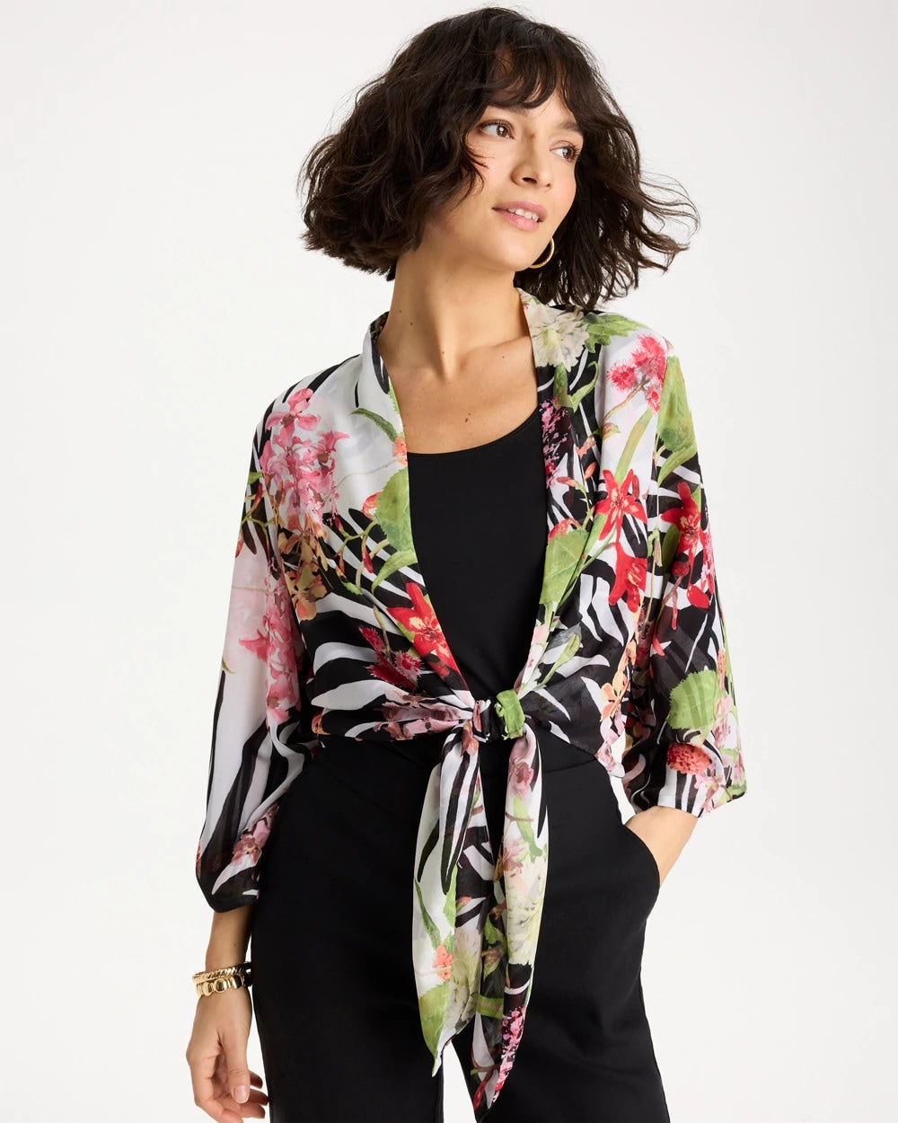 Black Georgette Tie-Front Kimono