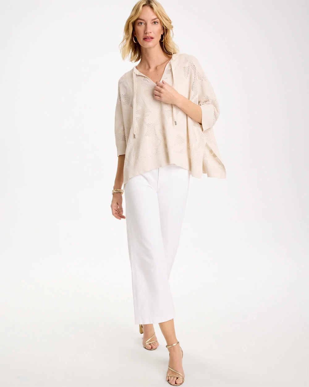 Ecru Crochet Lace Notch Neck Poncho