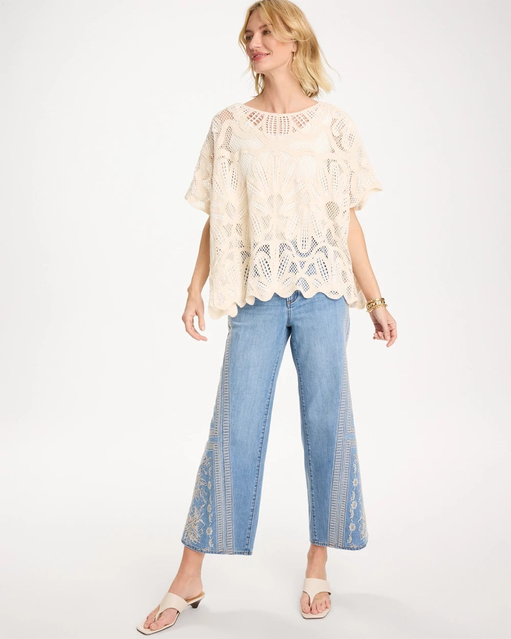 Ecru Woven Cotton-Blend Crochet Lace Poncho