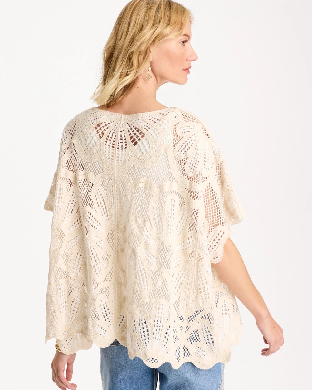 Ecru Woven Cotton-Blend Crochet Lace Poncho