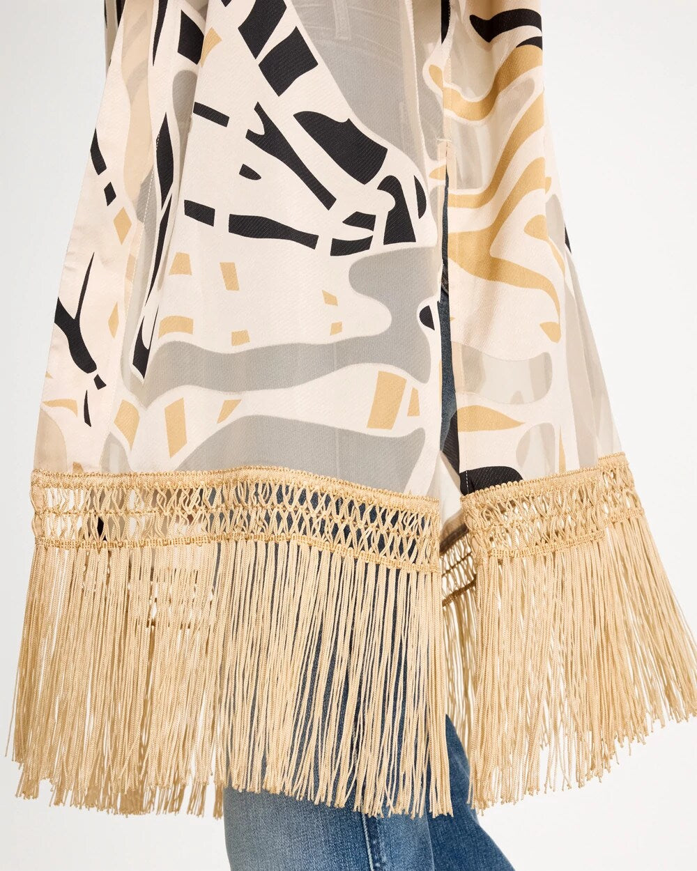 Neutral Woven Long Fringed Kimono