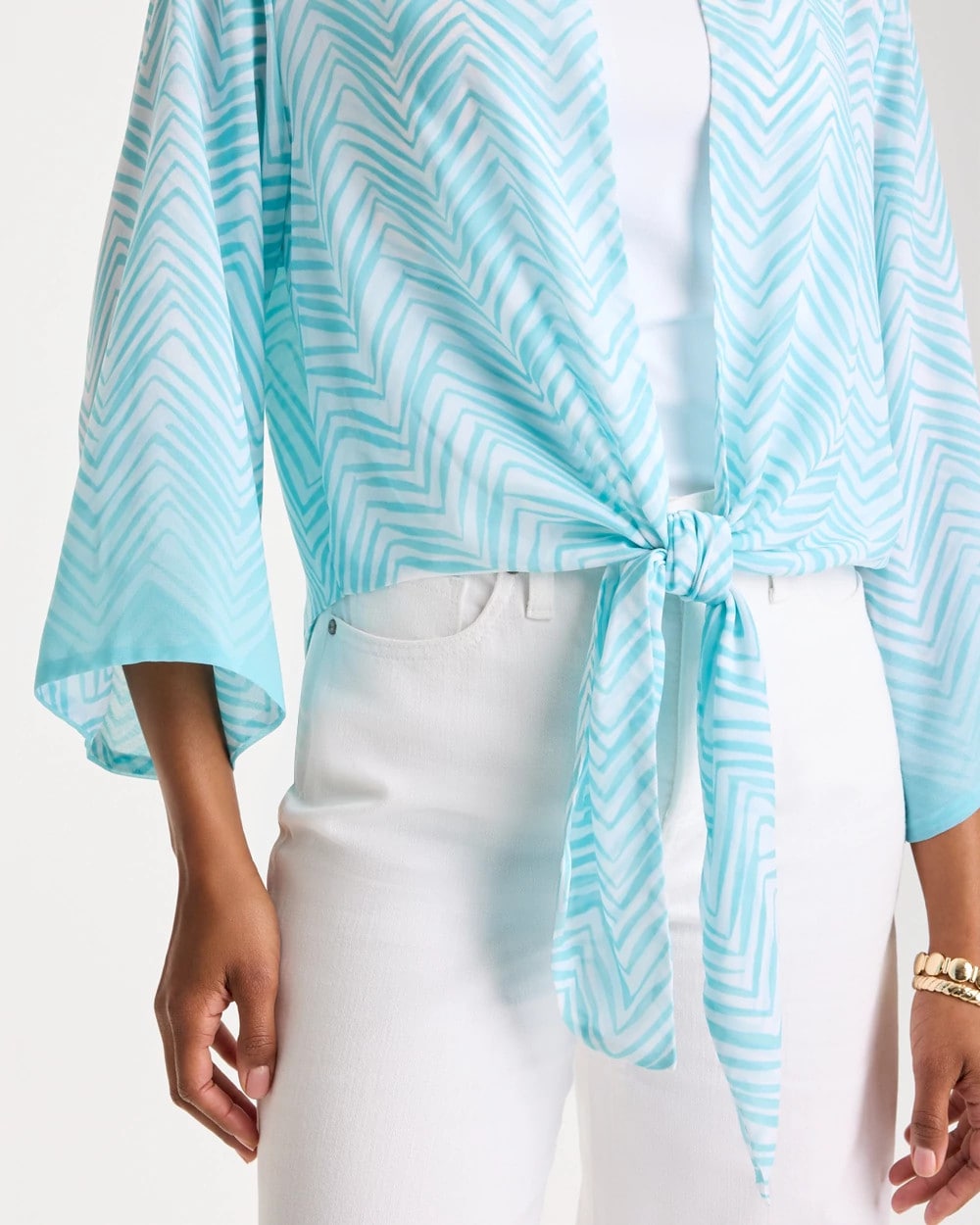Bondi Blue Georgette Tie-Front Chevron Kimono