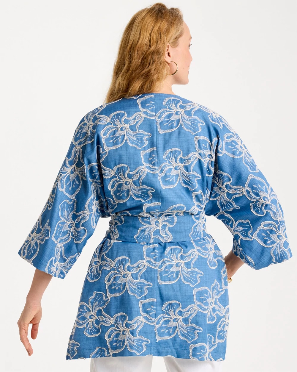 Denim Woven Embroidered Belted Kimono