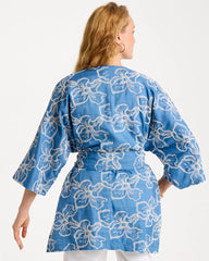 Denim Woven Embroidered Belted Kimono