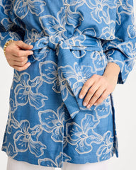Denim Woven Embroidered Belted Kimono