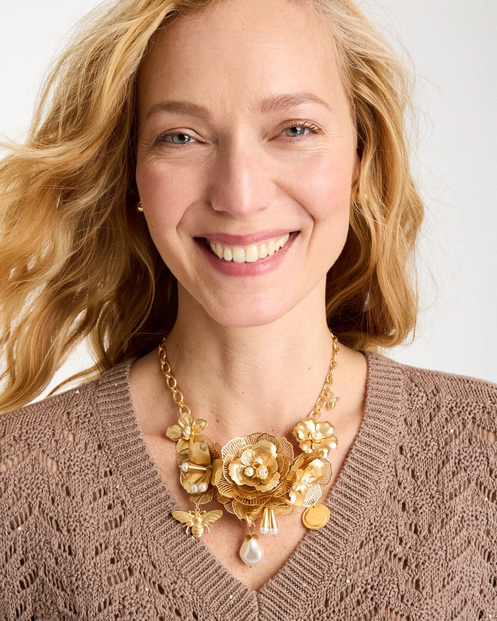 Gold Chico’s Originals Filigree Flower Bib Necklace