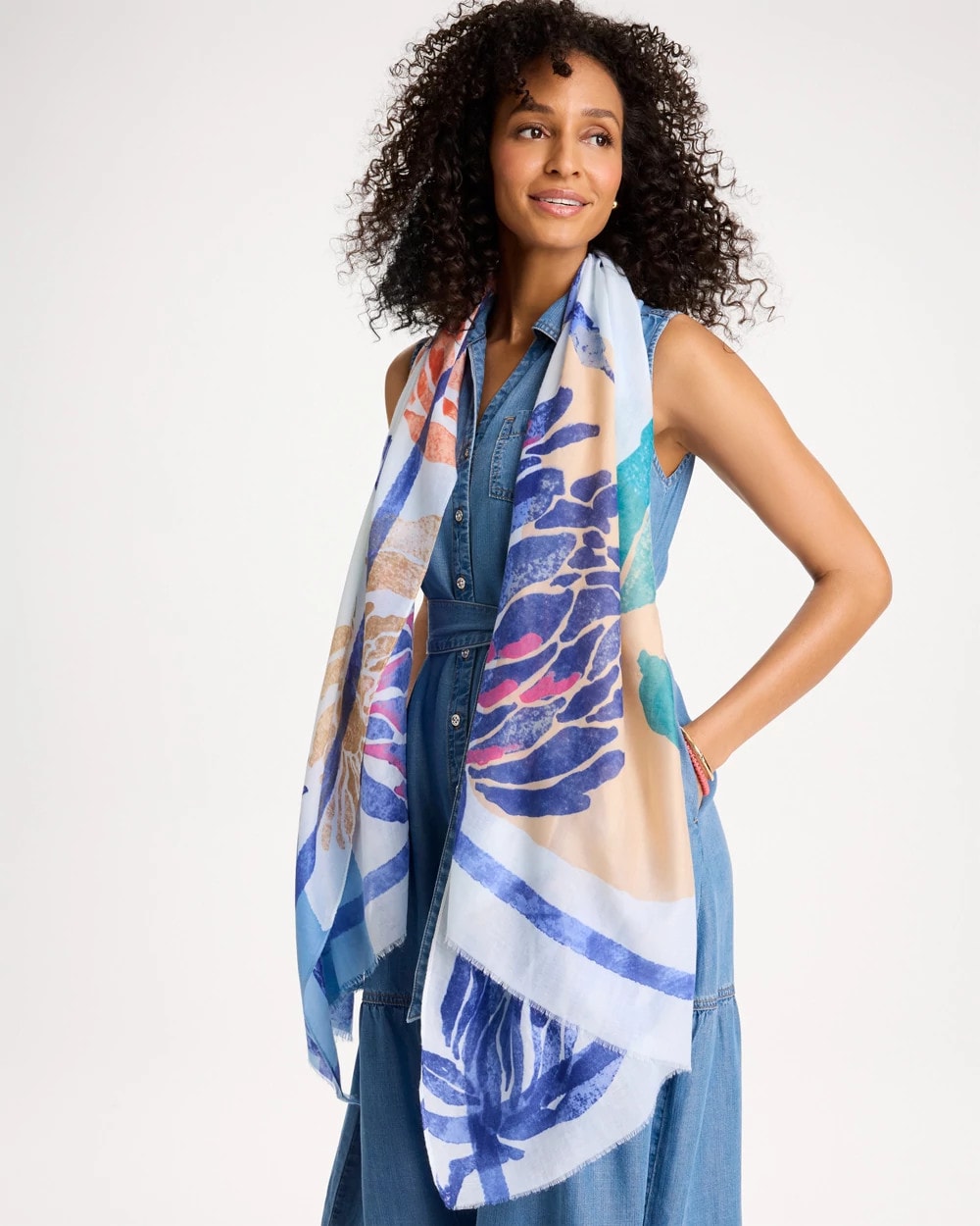 Blue Coral Motif Oblong Scarf
