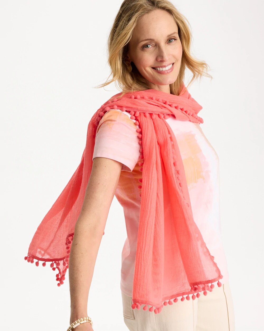 Calypso Coral Pom Pom Oblong Scarf
