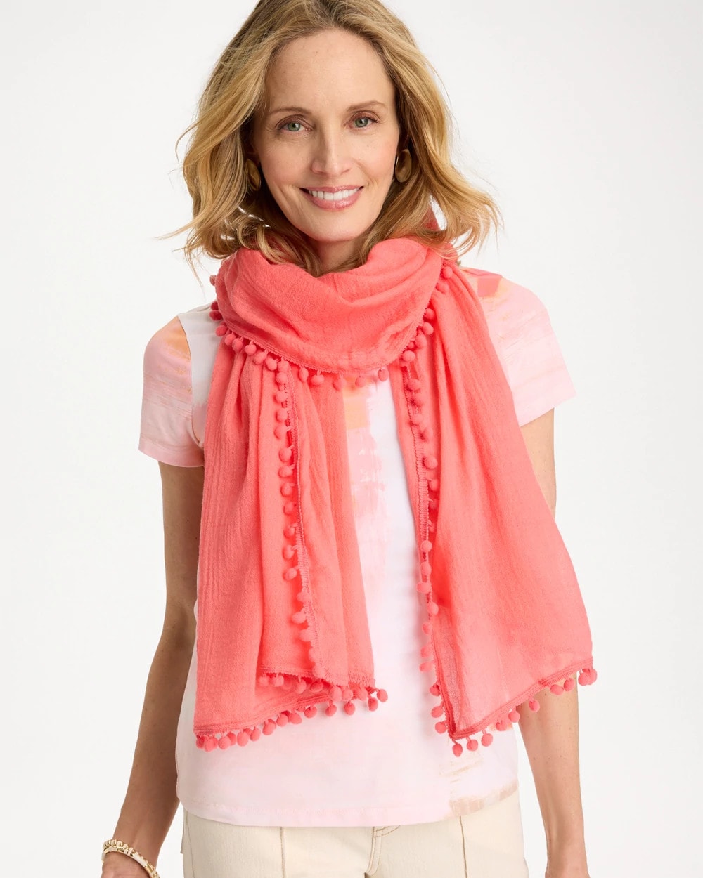 Calypso Coral Pom Pom Oblong Scarf