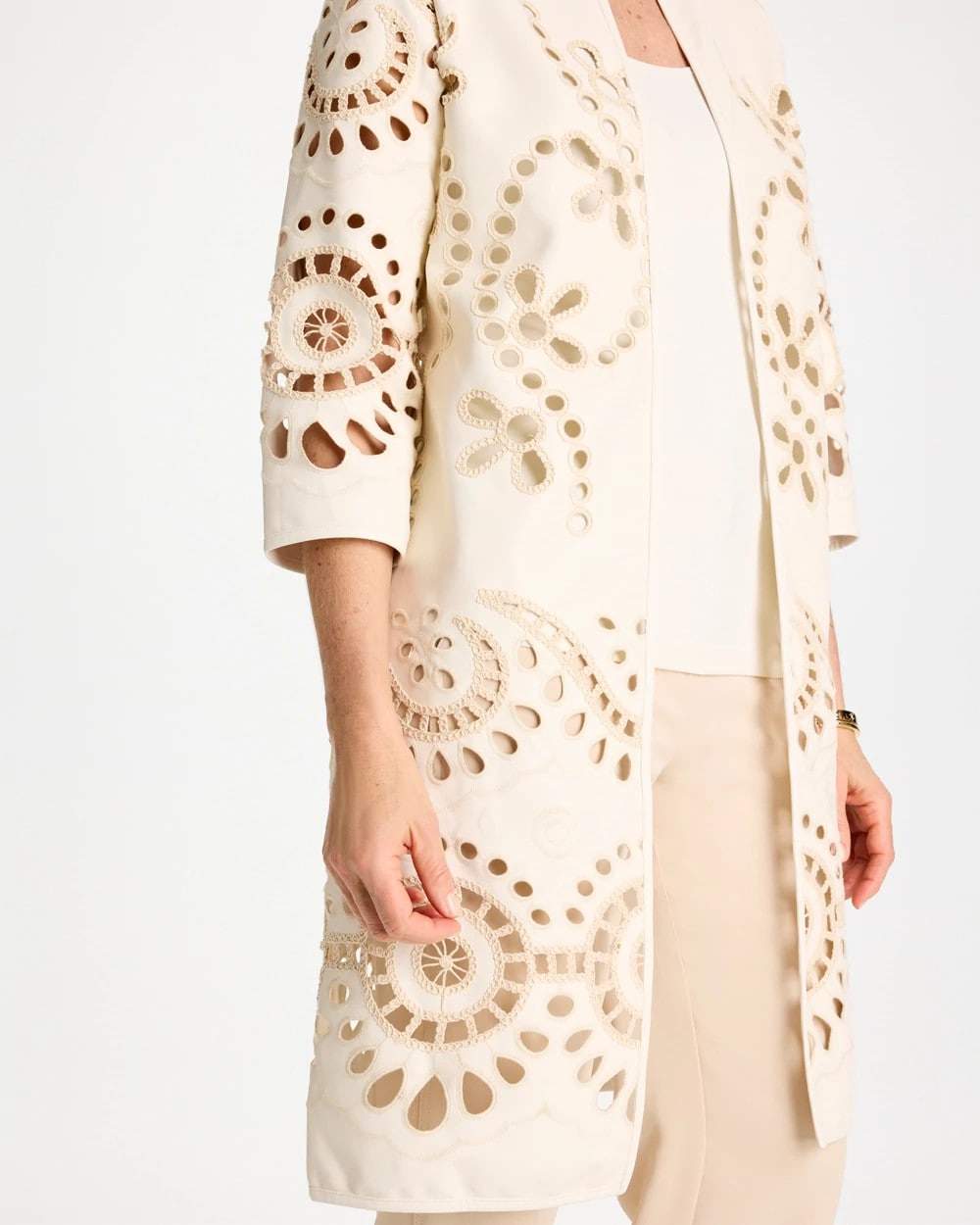 Ecru Long Faux Leather Kimono