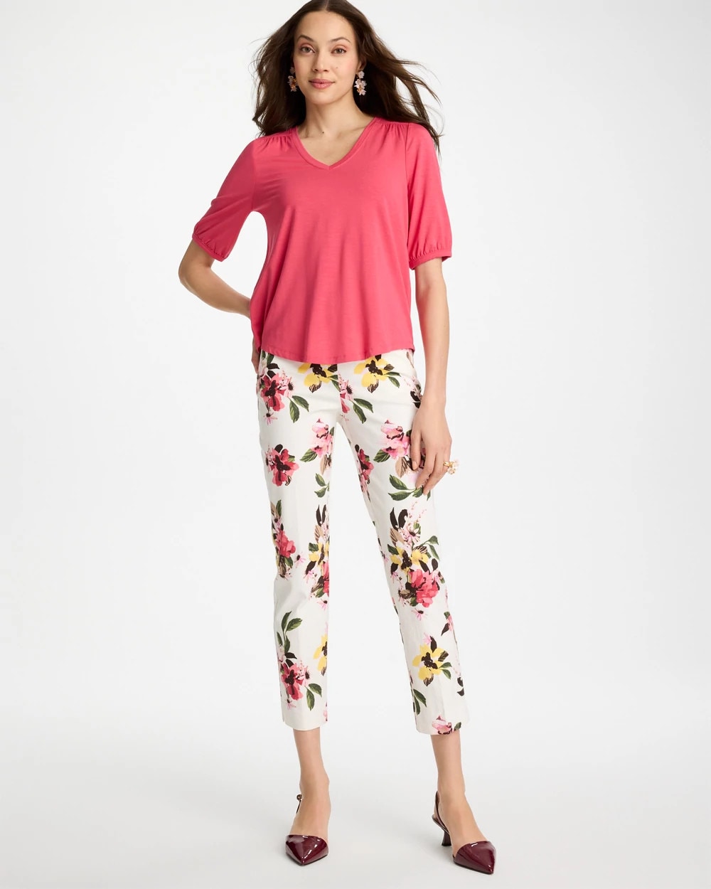 Hot Honeysuckle Shirred Elbow Sleeve Tee