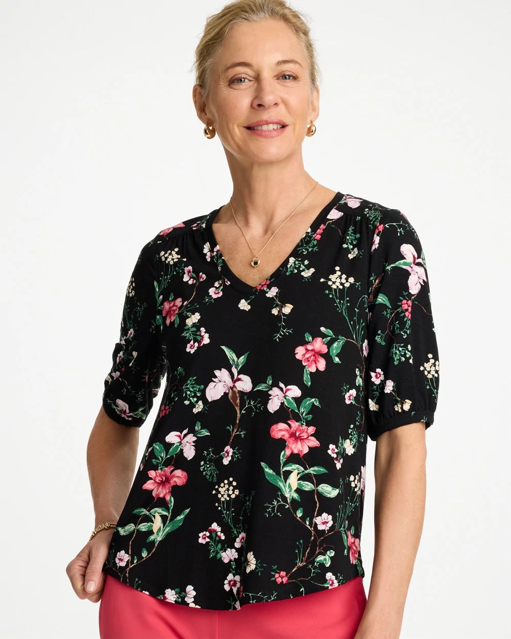 Black Kyoto Shirred Elbow Sleeve Tee