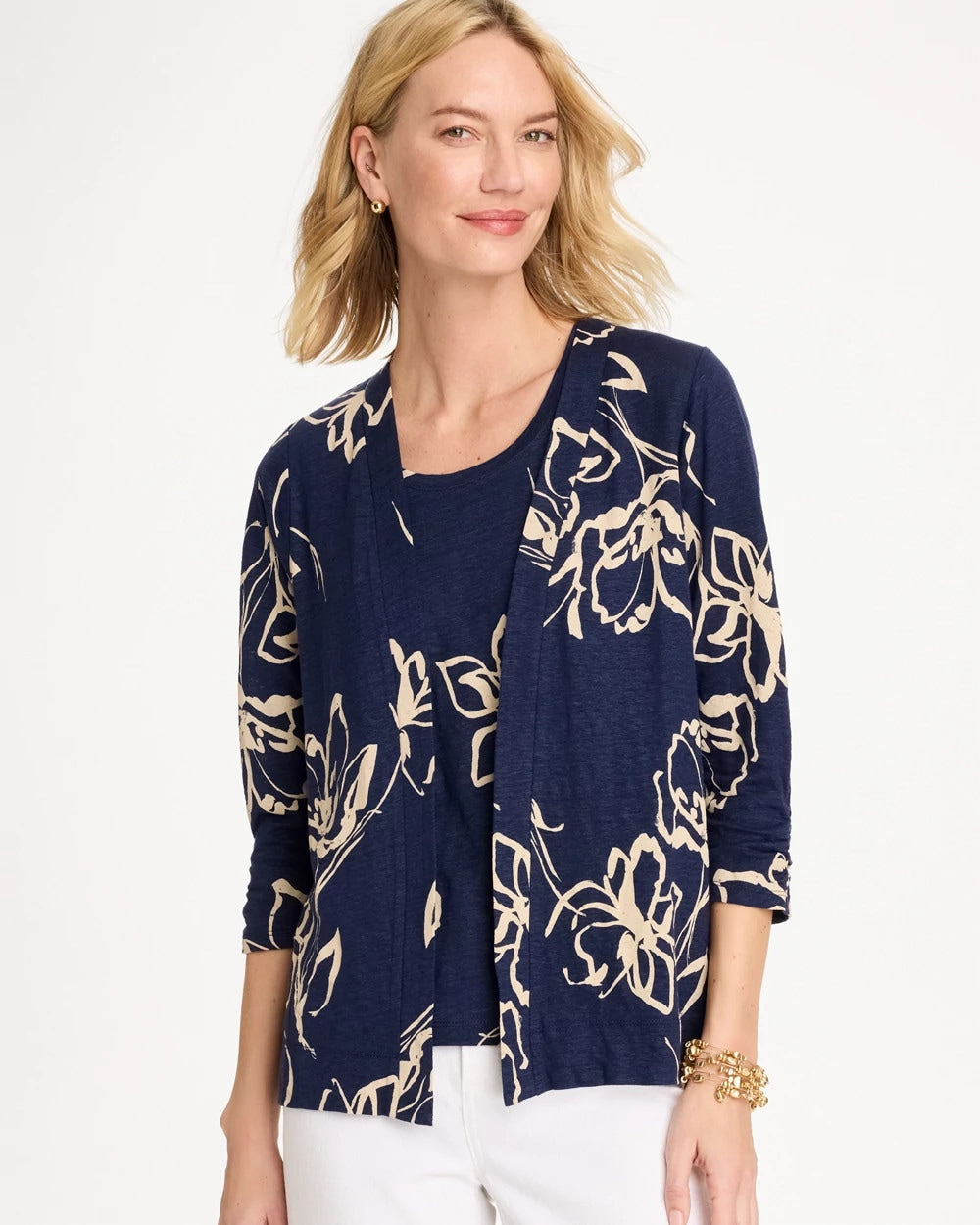 Passport Blue Floral Linen Open Front Cardigan
