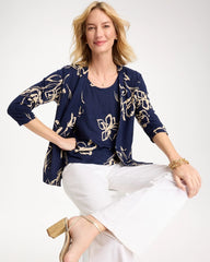 Passport Blue Floral Linen Open Front Cardigan