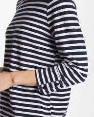 Passport Blue Striped Cotton Slub 3/4 Sleeve Button Tee