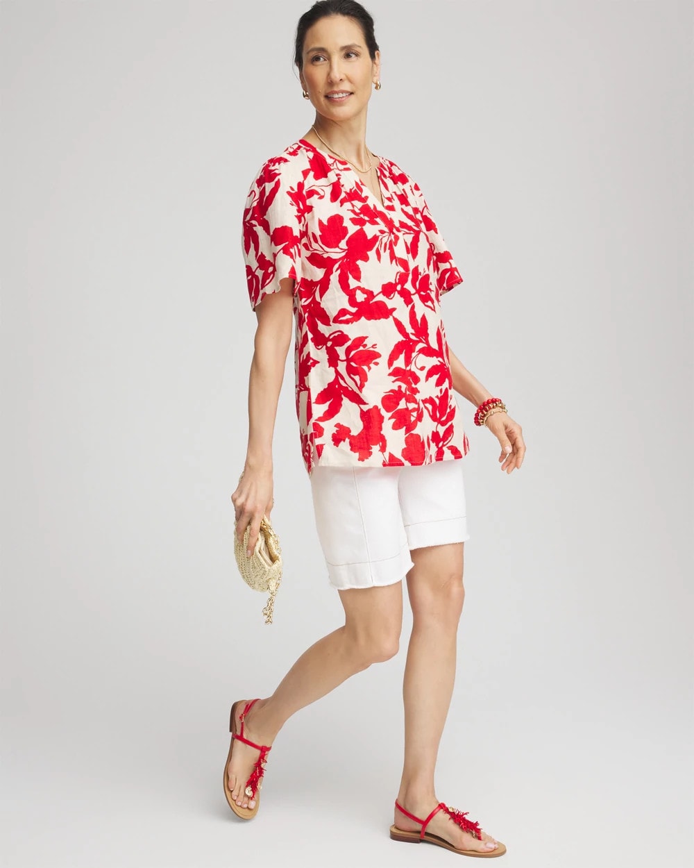 Red Glow Floral Linen Popover Shirt