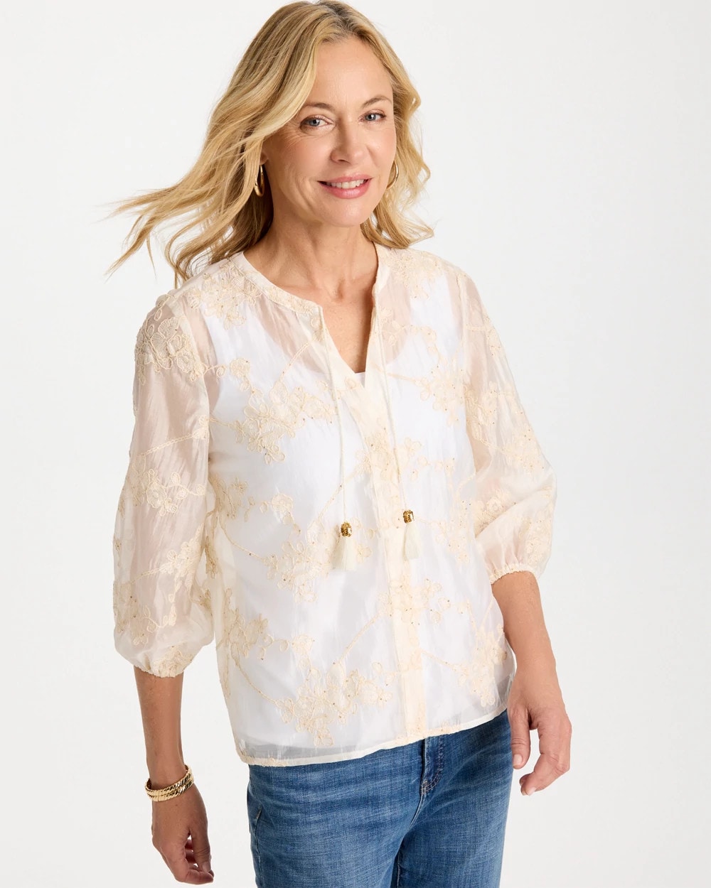 Alabaster Embroidered Tassel Tie-Front Top