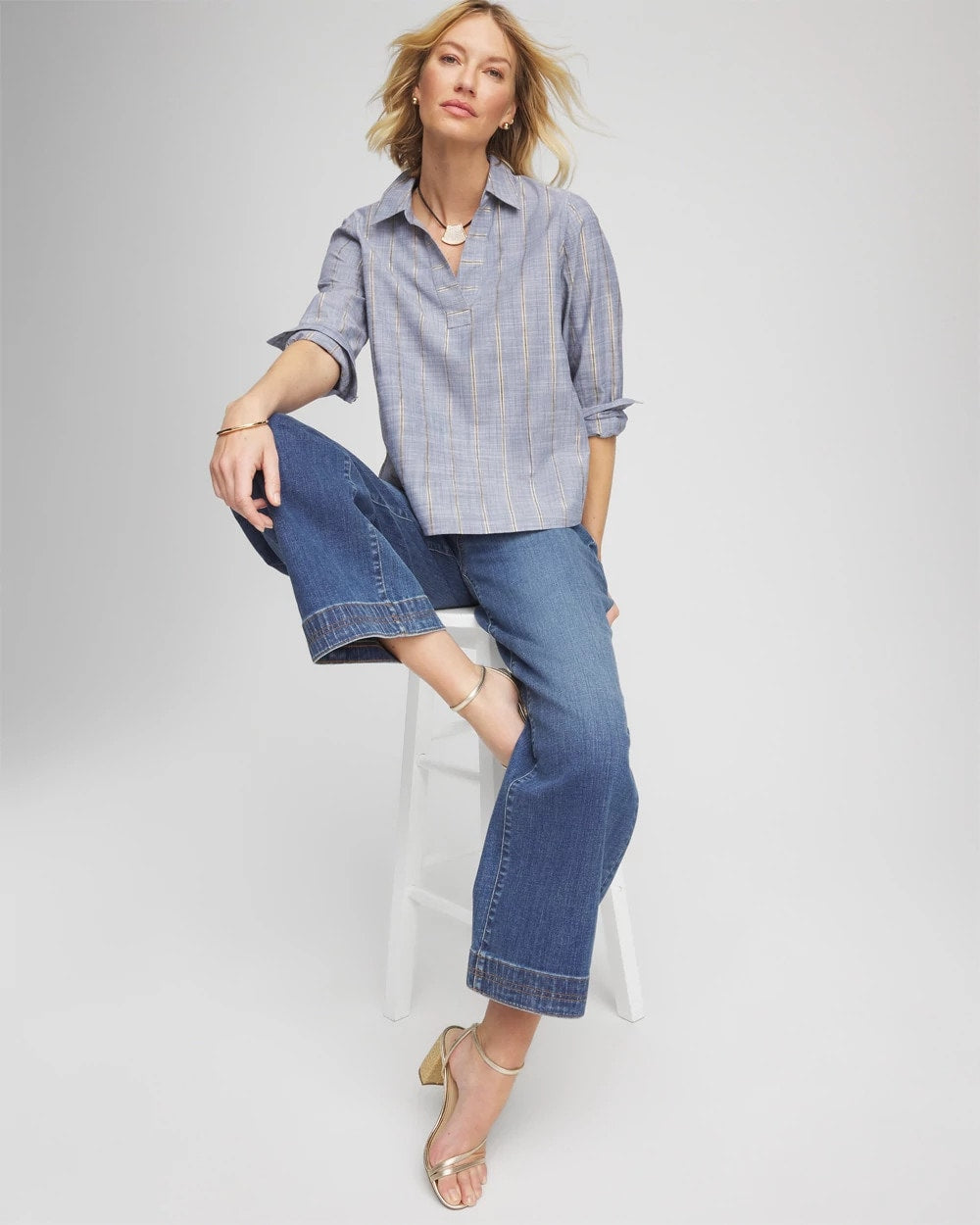 Indigo Chambray Striped Soft Popover