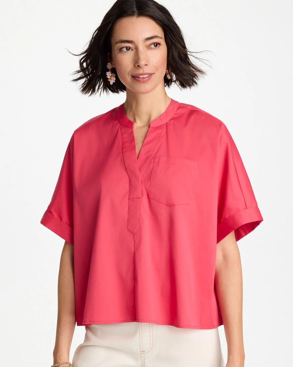 Hot Honeysuckle Poplin Popover Dolman Top