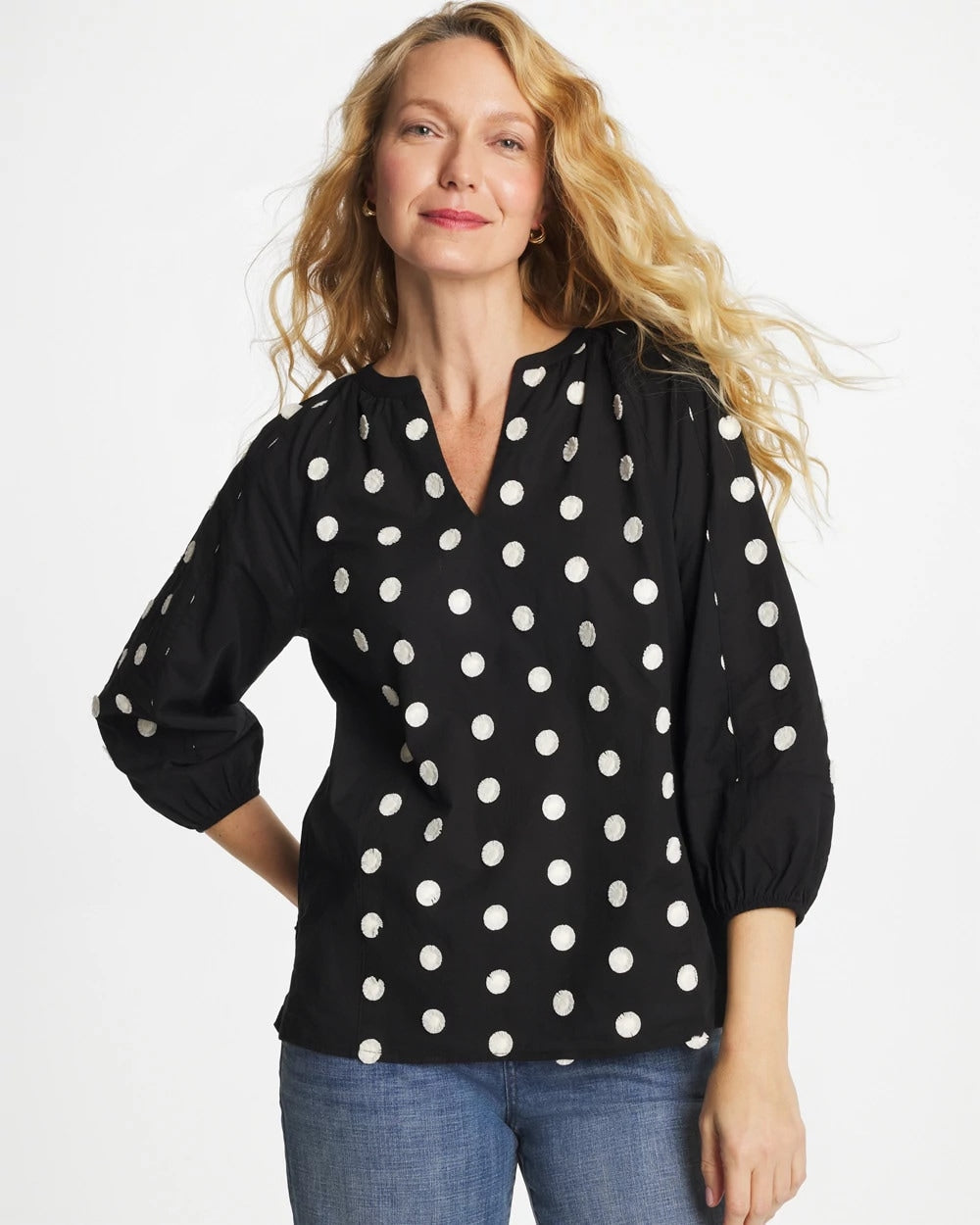 Black Textured Polka Dot Blouse