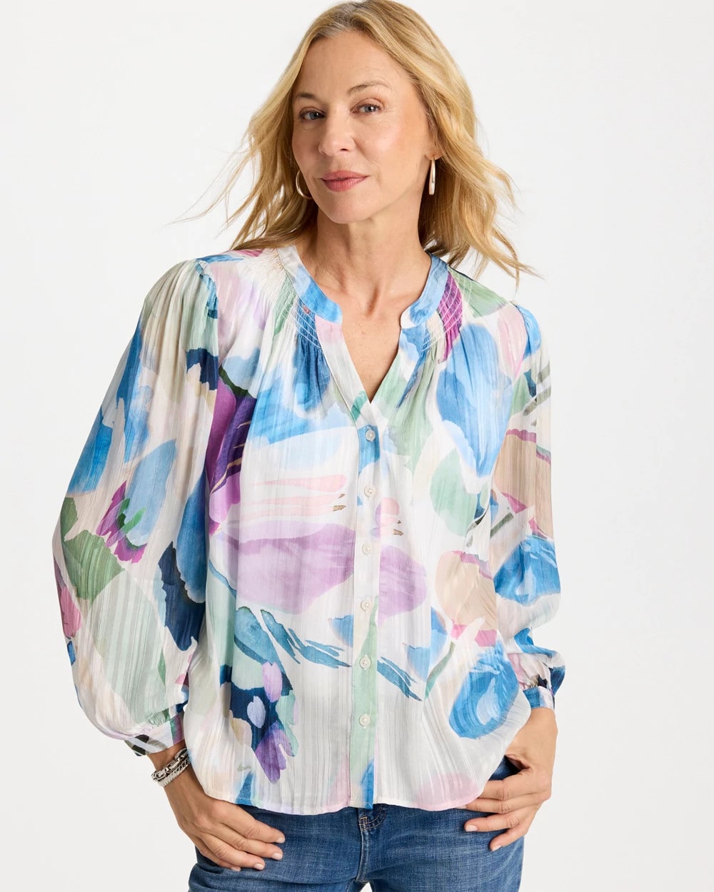 Passport Blue Blur Geo Button Front Blouse