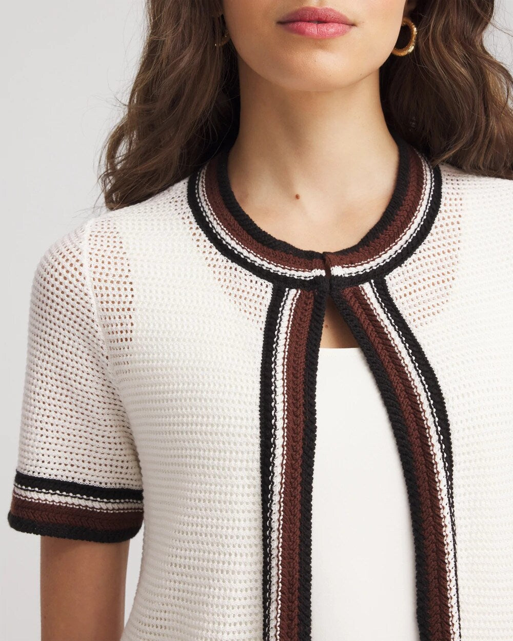 Ecru Pointelle High-Style Short-Sleeve Cardigan