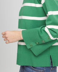 Jardin Green Striped Button Sleeve Crewneck Pullover Sweater