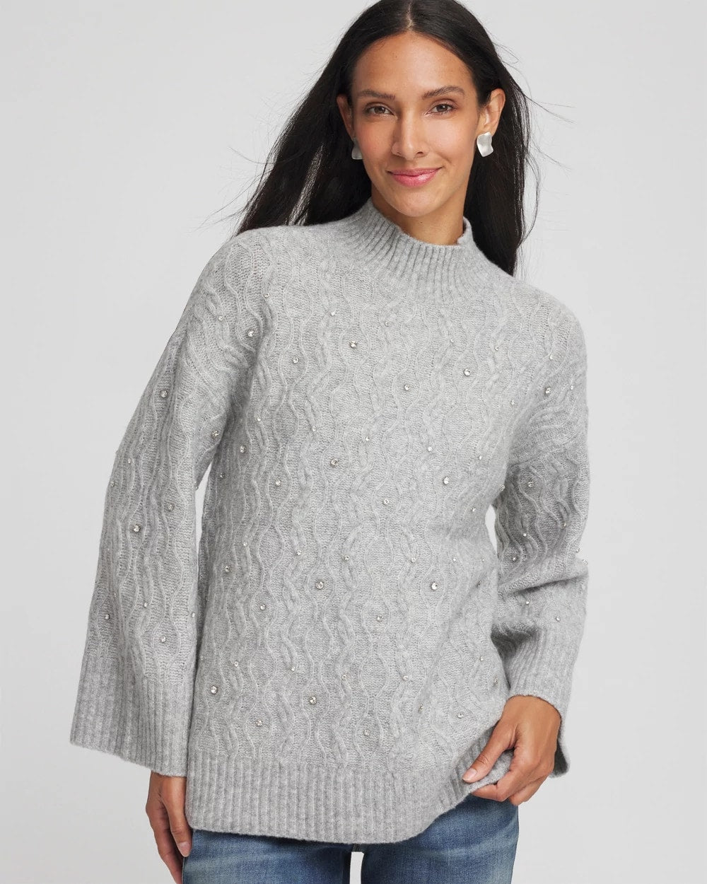 Cloud Heather Gray Sequined Cable Knit Sweater