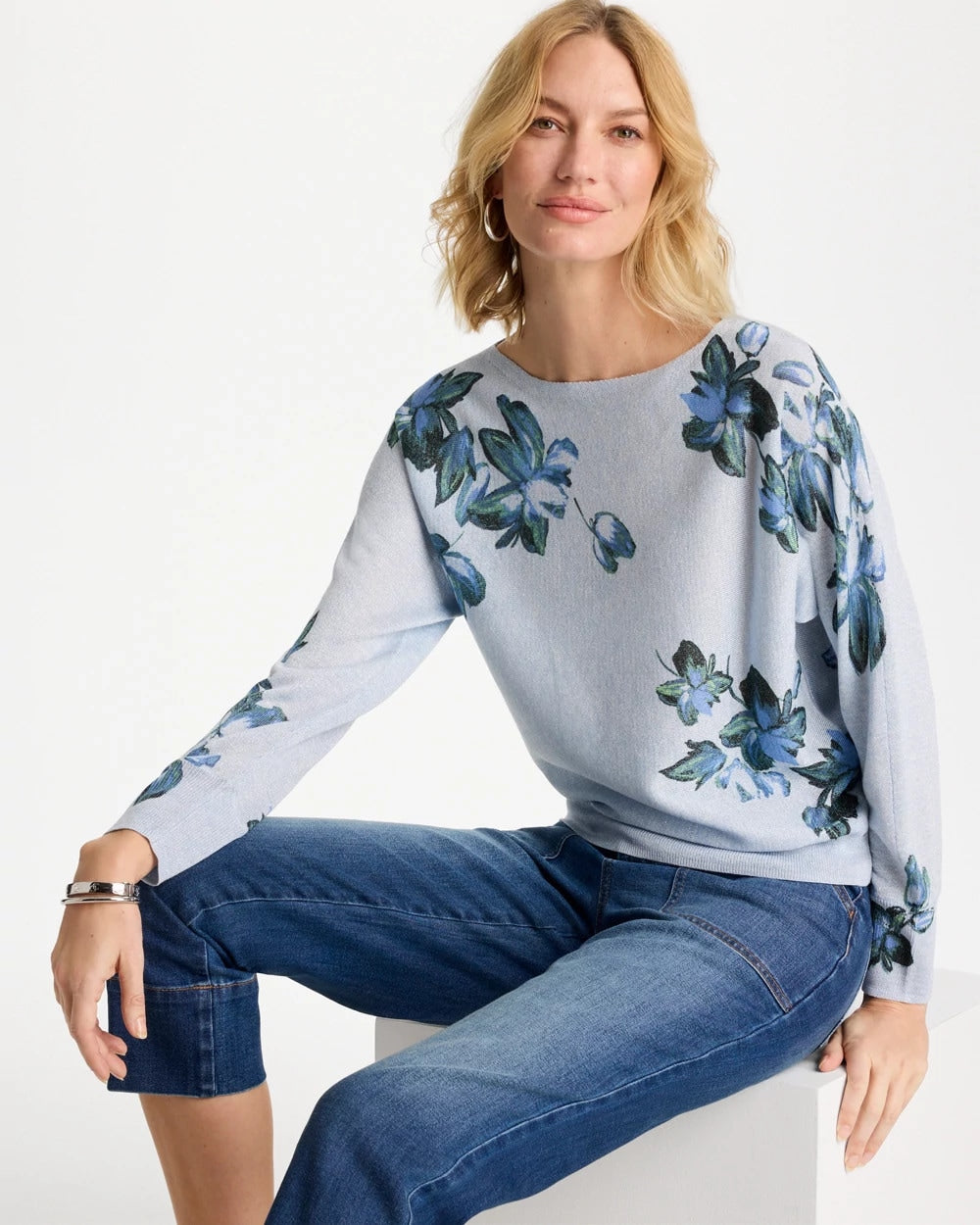Blue Orchid Floral Print Pullover Sweater