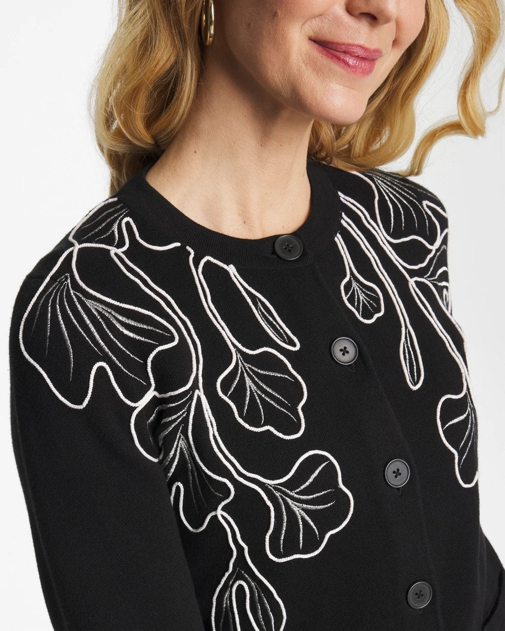 Black Embroidered Crewneck Cardigan Jacket