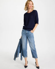 Passport Blue Pointelle Crewneck Pullover Sweater