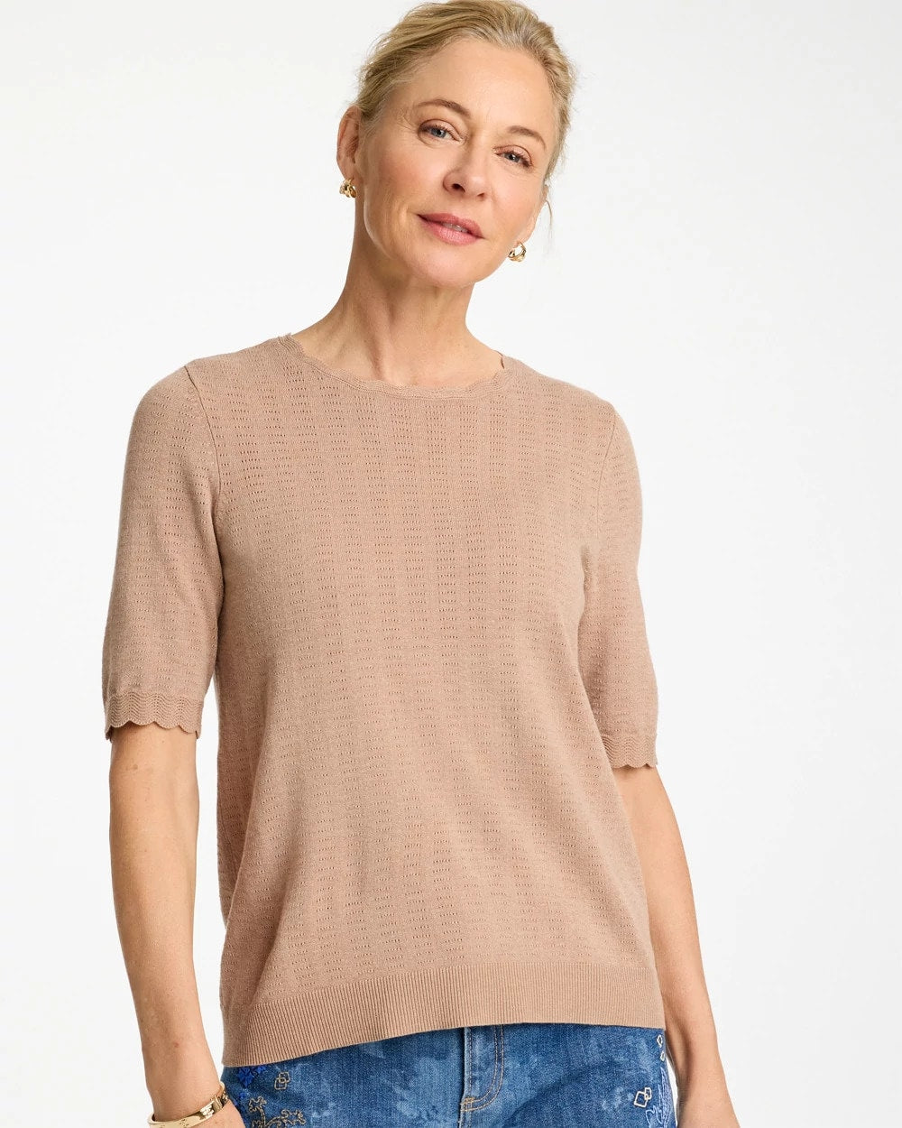 Cattail Brown Ella Crewneck Pointelle Pullover Sweater