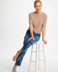 Cattail Brown Ella Crewneck Pointelle Pullover Sweater